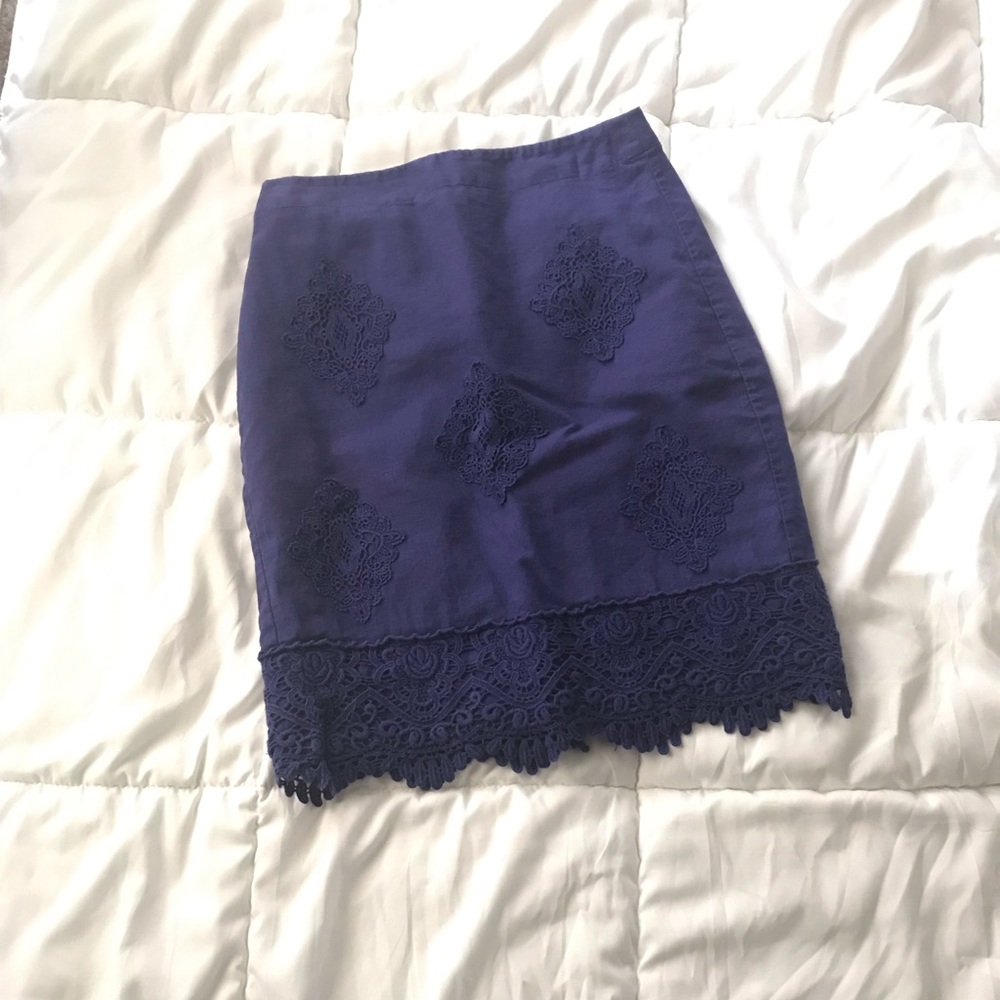 Embroidered Blue Ann Taylor Loft Pencil Skirt